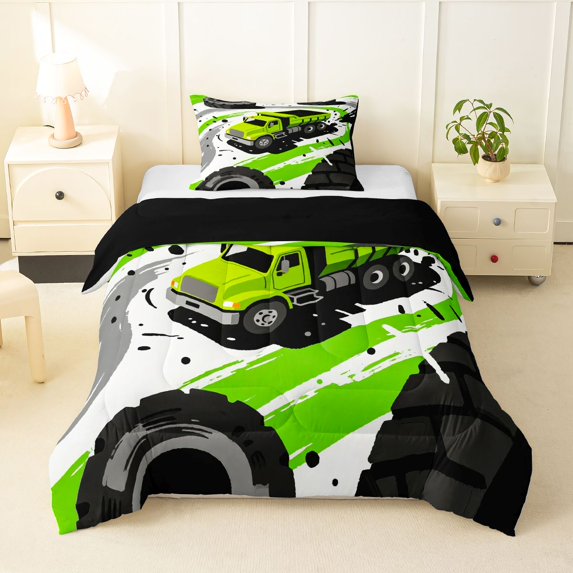 Manfei Cute Garbage Truck Twin Comforter Sets,Boys Friendly Print Bedding Set,Green,Black Reversible,2 Pieces,1 Comforter and 1 Pillowcase