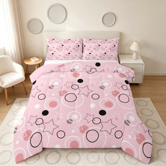 Manfei Cute Geometric Star Queen Comforter Set, Circular Dot Comforter Sets Queen, Pink Black White, Pink Reversible 3pcs, 1 Comforter and 2 Pillowcases