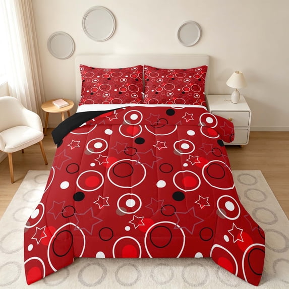 Manfei Cute Geometric Star Queen Comforter Set, Circular Dot Comforter Sets Queen, Red Black White, Black Reversible 3-Piece, 1 Comforter and 2 Pillowcases