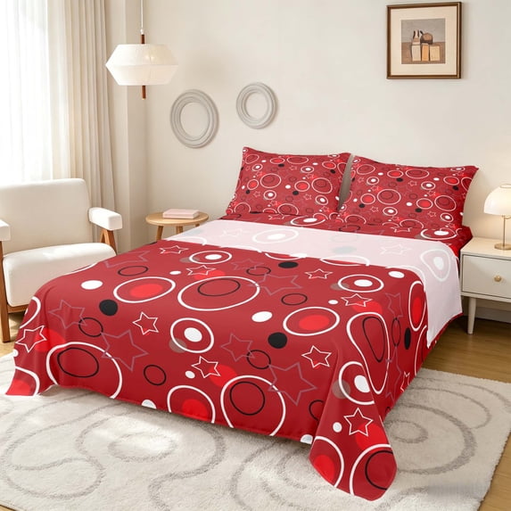 Manfei Cute Geometric Star Queen Sheets, Circular Dot Queen Sheet Sets, Red Black White, Black Reversible 4-Piece1 Flat Sheet + 1 Fitted Sheet + 2 Pillowcases