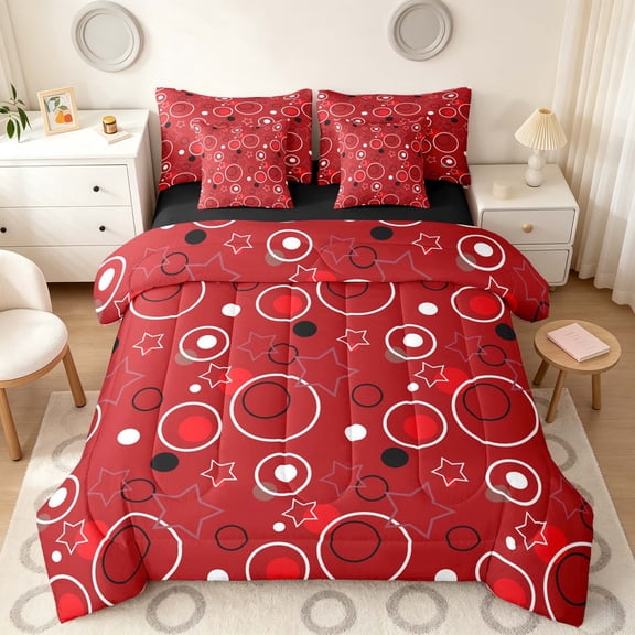 Manfei Cute Geometric Star Twin Bedding, Circular Dot Bedding Comforter Set, Red Black White, Black Reversible 7pcs