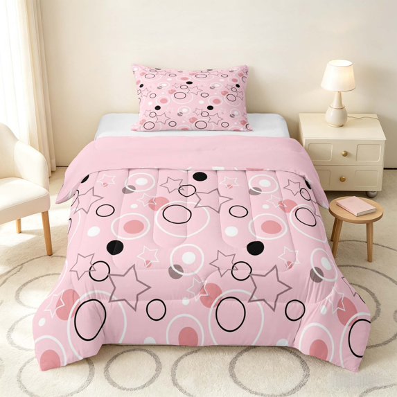 Manfei Cute Geometric Star Twin Comforter Sets, Circular Dot Bedding Set, Pink Black White, Pink Reversible 2pcs, 1 Comforter and 1 Pillowcase