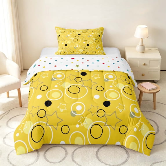 Manfei Cute Geometric Star Twin Comforter Sets, Circular Dot Bedding Set, Yellow Black White, Colorful Stars Reversible 2 Pieces, 1 Comforter and 1 Pillowcase