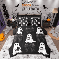 Manfei Cute Ghost 7-Piece Twin Bedding Sets,Halloween Theme Bedding Comforter Set,Black Bowtie Bow Sheet Sets For Girls Boys,Luxury Bedroom Decor Reversible