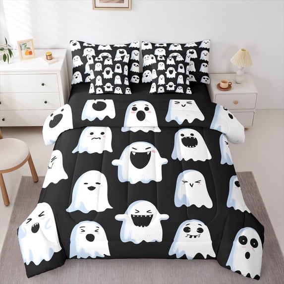 Manfei Cute Ghost 7pcs Queen Bedding,Spooky Halloween Bedding Comforter Set Queen,Black,Black Reversible