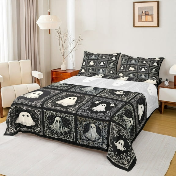 Manfei Cute Ghost Bed Sheets,Gothic Theme Print King Sheets,Geometric Grid Sheet Set,Breathable Bedroom Decorative,4 Pieces