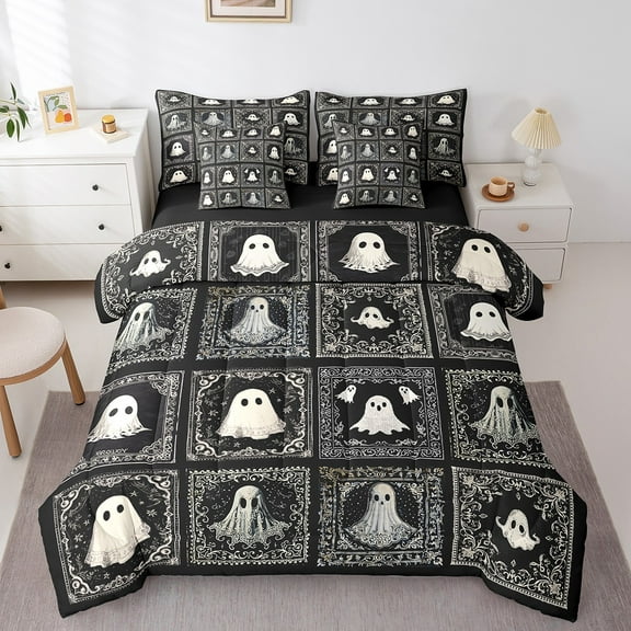 Manfei Cute Ghost Bedding Comforter Set 7 Pieces,Gothic Theme Print King Bedding Sets,Geometric Grid Bed Sheets,Breathable Bedroom Decorative Reversible