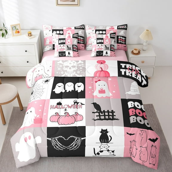 Manfei Cute Ghost Bedding Comforter Set 7pcs,Halloween Theme Full Bedding Set,Spooky Skull Fitted Sheet Flat Sheet For Girl Kids,Super Cozy Bedroom Decoration Reversible