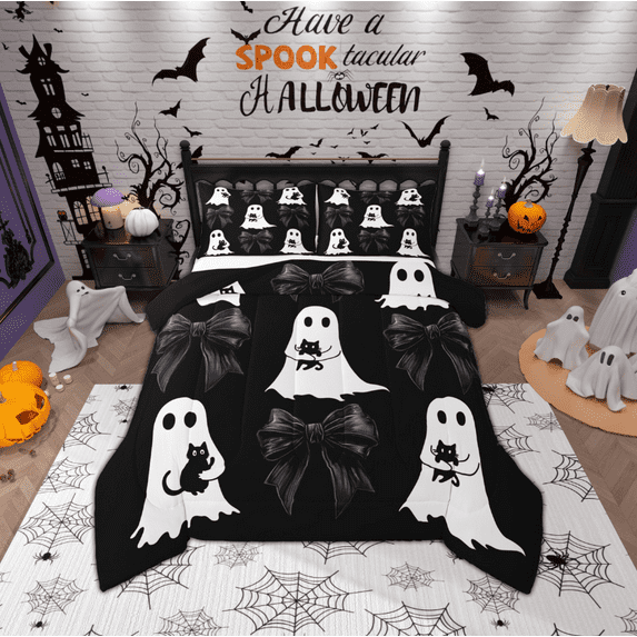 Manfei Cute Ghost Bedding Comforter Set,Halloween Theme Twin Comforter Sets,Black Bowtie Bow Bedding Set For Girls Boys,Luxury Bedroom Decor Reversible,2-Piece