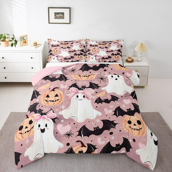 Manfei Cute Ghost Bedding Comforter Set,Spooky Halloween Twin Comforter Sets,Black Bat Bedding Set For Teens,Ultra Soft Home Decor Reversible,2pcs