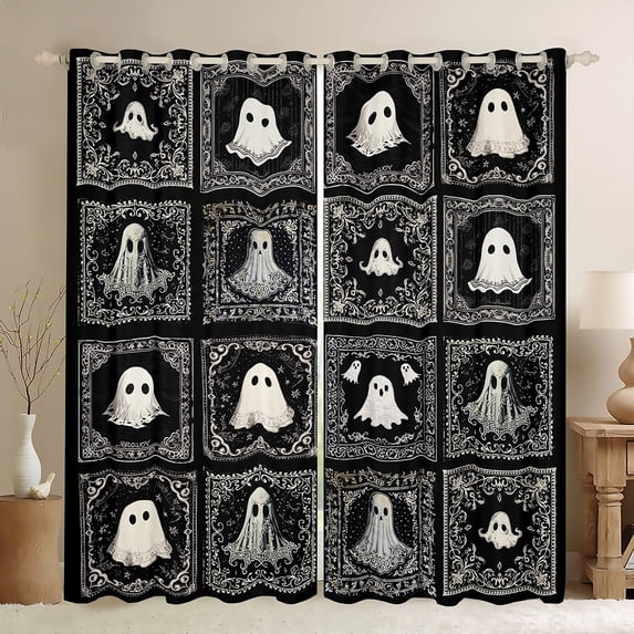 Manfei Cute Ghost Black Out Curtains,Gothic Theme Print Curtains Pack of 2 (42x63 Each),Geometric Grid Bedroom Curtains,Breathable Bedroom Decorative