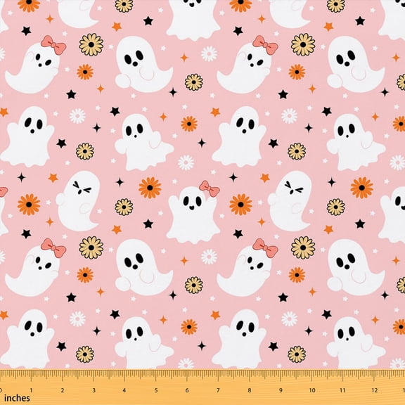 Manfei Cute Ghost Fabric by the Yard 1 Yard, Halloween Pumpkin Home Decor Fabric by the Yard, Pink Ghost
