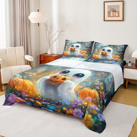 Manfei Cute Ghost Pumpkin Lantern Twin Sheet Sets,Happy Halloween Twin Fitted Sheet,Colorful Flower Floral Flat Sheet For Teens,Ultra Soft Home Decor,3pcs