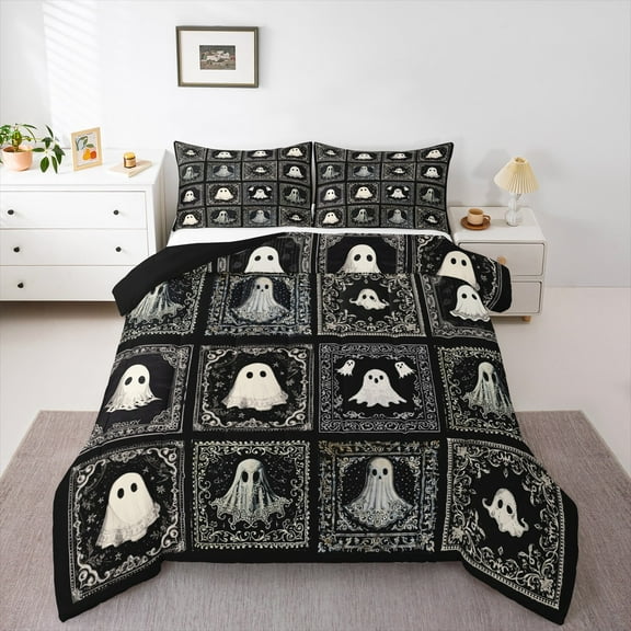 Manfei Cute Ghost Queen Comforter Set,Gothic Theme Print Bedding Sets,Geometric Grid Bedding Comforter Set,Breathable Bedroom Decorative Reversible,3-Piece