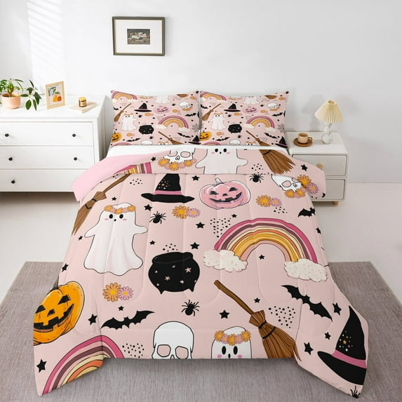 Manfei Cute Ghost Rainbow Queen Comforter Set,Halloween Theme Pumpkin Bedding Sets,Kawaii Flower Daisy Bedding Comforter Set For Girl Teens,Breathable Home Decor Reversible,3 Pieces