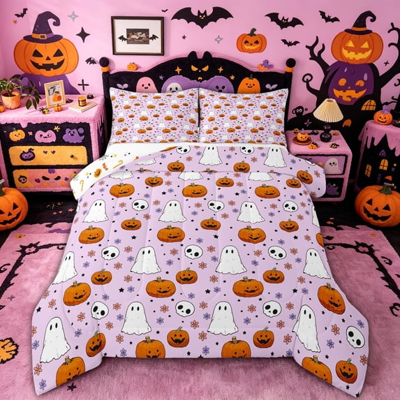 Manfei Cute Ghost Skull Queen Comforter Set for Girls, Halloween Pumpkin Comforter Sets Queen, Purple, Halloween Reversible, 3-Piece, 1 Comforter and 2 Pillowcases