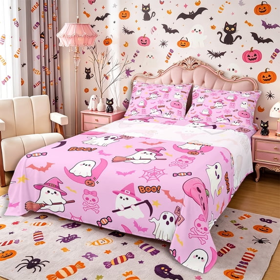Manfei Cute Ghost Sugar Skull Queen Sheets 4 Pieces, Halloween Spooky Pumpkin Queen Sheet Sets, Hot Pink White,1 Fitted Sheet, 1 Flat Sheet and 2 Pillowcases
