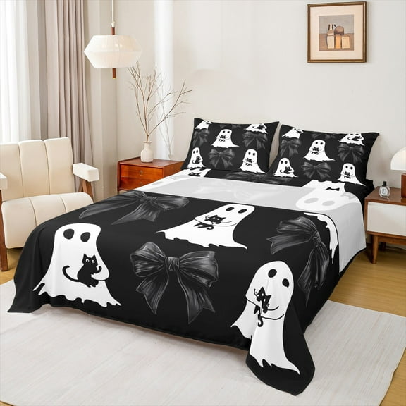 Manfei Cute Ghost Twin Sheet Sets,Halloween Theme Twin Fitted Sheet,Black Bowtie Bow Flat Sheet For Girls Boys,Luxury Bedroom Decor,3-Piece