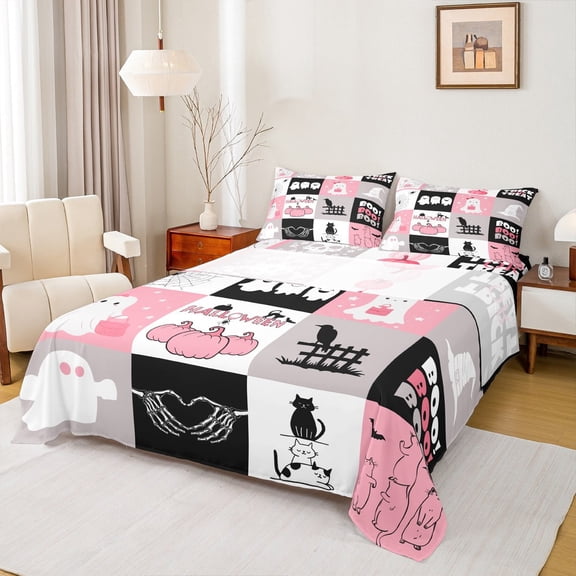 Manfei Cute Ghost Twin Sheet Sets,Halloween Theme Twin Fitted Sheet,Spooky Skull Flat Sheet For Girl Kids,Super Cozy Bedroom Decoration,3 Pieces