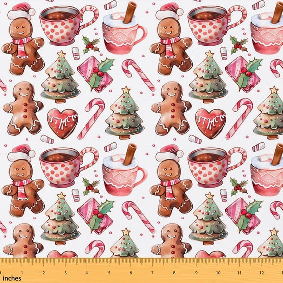 Manfei Cute Gingerbread Fabric by the Yard 1 Yard, Christmas Xmas Tree Home Decor Fabric by the Yard, Off White