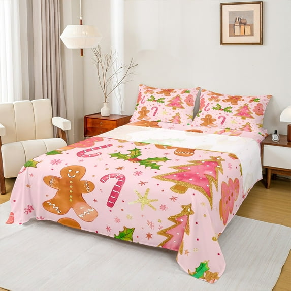 Manfei Cute Gingerbread Full Size Sheets for Girls, Pink Merry Christmas Bed Sheets, Xmas Tree Stars Sheet Sets, Lightweight Room Decor 4 Pieces