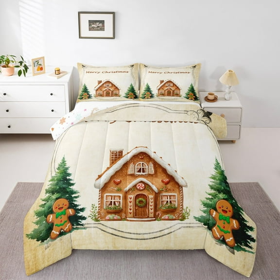 Manfei Cute Gingerbread House Bedding Comforter Set,Christmas Gingerbread Man Twin Comforter Sets,Green Xmas Tree Bedding Set For Boys Kids,Luxury Bedroom Decor Reversible,2-Piece