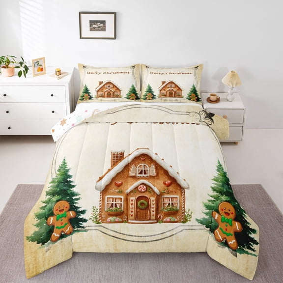 Manfei Cute Gingerbread House Bedding Comforter Set,Christmas Gingerbread Man Twin Comforter Sets,Green Xmas Tree Bedding Set For Boys Kids,Luxury Bedroom Decor Reversible,2-Piece