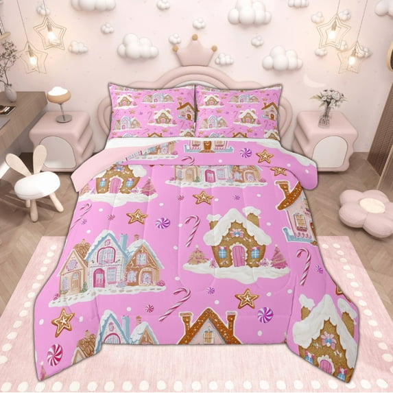 Manfei Cute Gingerbread House Bedding Comforter Set for Kids Girls, Microfiber Bedroom Decor, 2pcs Reversible