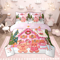 Manfei Cute Gingerbread House Twin Bedding Sets 7pcs, Christmas Tree Snowman Bedding Comforter Set for Children, Merry Xmas Luxury Bedroom Decor