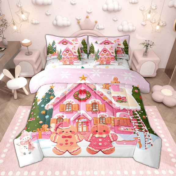 Manfei Cute Gingerbread House Twin Bedding Sets 7pcs, Christmas Tree Snowman Bedding Comforter Set for Children, Merry Xmas Luxury Bedroom Decor