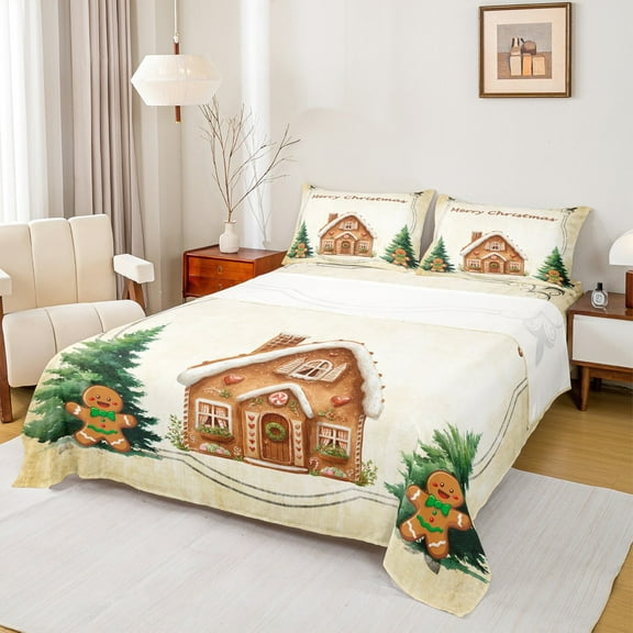 Manfei Cute Gingerbread House Twin Sheet Sets,Christmas Gingerbread Man Twin Fitted Sheet,Green Xmas Tree Flat Sheet For Boys Kids,Luxury Bedroom Decor,3-Piece