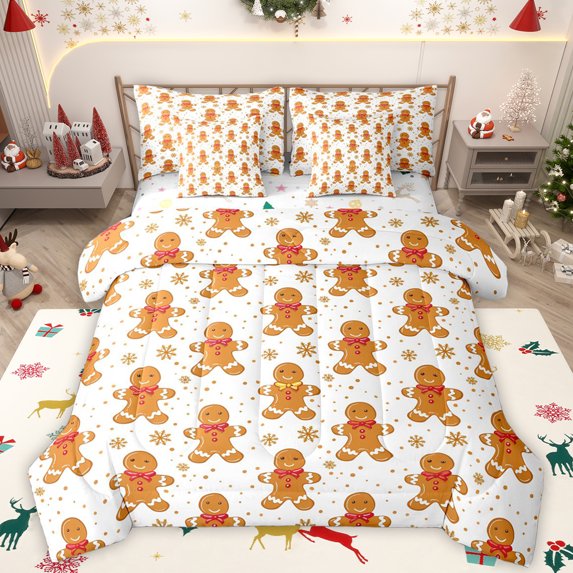 Manfei Cute Gingerbread Man 7-Piece Twin Bedding Sets,Merry Christmas Bedding Comforter Set,Gold Brown White Sheet Sets For Girtls Teens,Microfiber Bedroom Decor Reversible