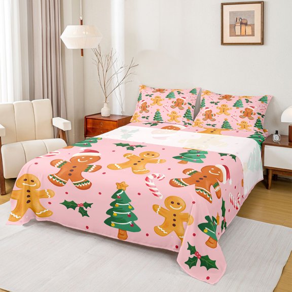 Manfei Cute Gingerbread Man Bed Sheets,Chic Christmas Tree King Sheets,Pink Brown Green Sheet Set For Girtls Teens,Microfiber Bedroom Decor,4 Pieces