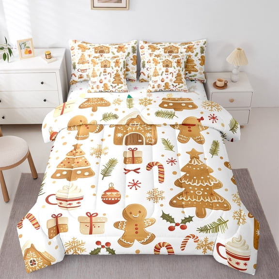 Manfei Cute Gingerbread Man Bedding Comforter Set 7pcs, Christmas Gifts Queen Bedding Sets, Vintage Western Festival Reversible Queen Sheet Sets, Lightweight Room Decor