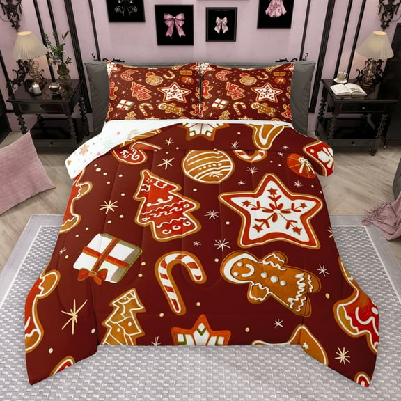 Manfei Cute Gingerbread Man Bedding Comforter Set for Kid, Red Brown Christmas Twin Comforter Sets, Xmas Tree Stars Gifts Reversible Bedding Set, Luxury Bedroom Decor, 2 Pieces