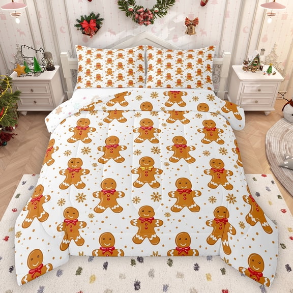 Manfei Cute Gingerbread Man Bedding Comforter Set,Merry Christmas Twin Comforter Sets,Gold Brown White Bedding Set For Girtls Teens,Microfiber Bedroom Decor Reversible,2-Piece