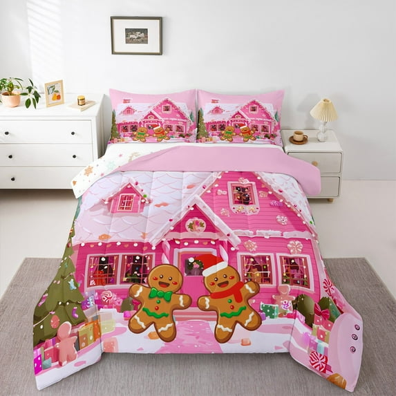 Manfei Cute Gingerbread Man Bedding Comforter Set,Pink Christmas House Twin Comforter Sets,Merry Christmas Gifts Bedding Set For Girls Kids,Luxury Bedroom Decor Reversible,2pcs