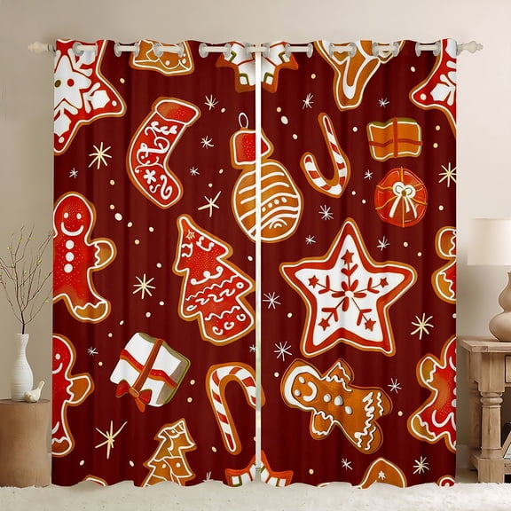 Manfei Cute Gingerbread Man Black Out Curtains for Kid, Red Brown Christmas Curtains Pack of 2 (42x63 Each), Xmas Tree Stars Gifts Bedroom Curtains, Window Curtains Bedroom Decor