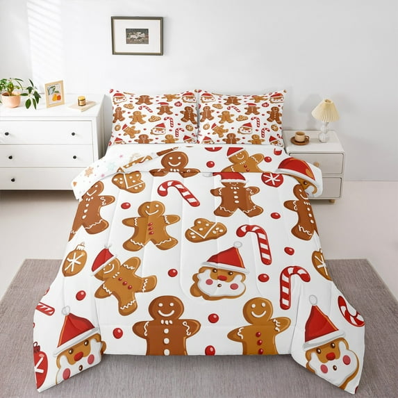 Manfei Cute Gingerbread Man Queen Comforter Set,Cartoon Santa Claus Bedding Sets,Christmas Candy Cane Bedding Comforter Set For Girls Boys Kids,Super Cozy Room Decor Reversible,3pcs