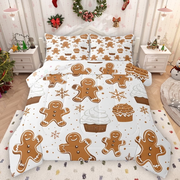 Manfei Cute Gingerbread Man Queen Comforter Set,Christmas Snowflake Bedding Sets,Brown White Bedding Comforter Set For Kids,Ultra Soft Home Decor Reversible,3pcs