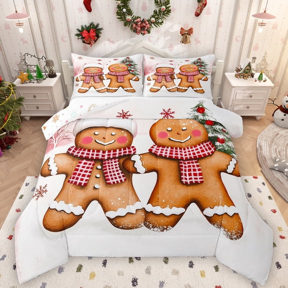 Manfei Cute Gingerbread Man Queen Comforter Set,Christmas Tree Bedding Sets,White Brown Bedding Comforter Set For Kids,Ultra Soft Home Decor Reversible,3pcs