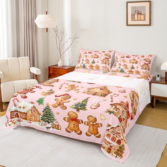 Manfei Cute Gingerbread Man Twin Sheet Sets,Brown Christmas House Twin Fitted Sheet,Merry Christmas Gifts Flat Sheet For Girls Kids,Luxury Bedroom Decor,3 Pieces