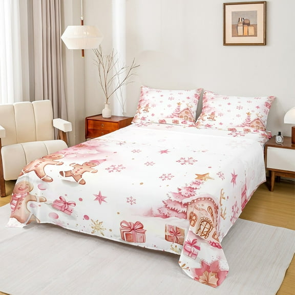 Manfei Cute Gingerbread Man Twin Sheet Sets,Christmas Gifts Twin Fitted Sheet,Pink Chic Xmas Tree Flat Sheet For Teens,Super Cozy Room Decor,3pcs