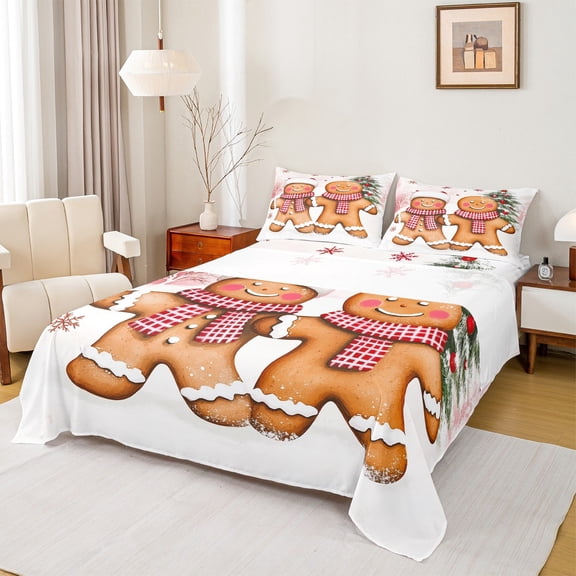 Manfei Cute Gingerbread Man Twin Sheet Sets,Christmas Tree Twin Fitted Sheet,White Brown Flat Sheet For Kids,Ultra Soft Home Decor,3-Piece