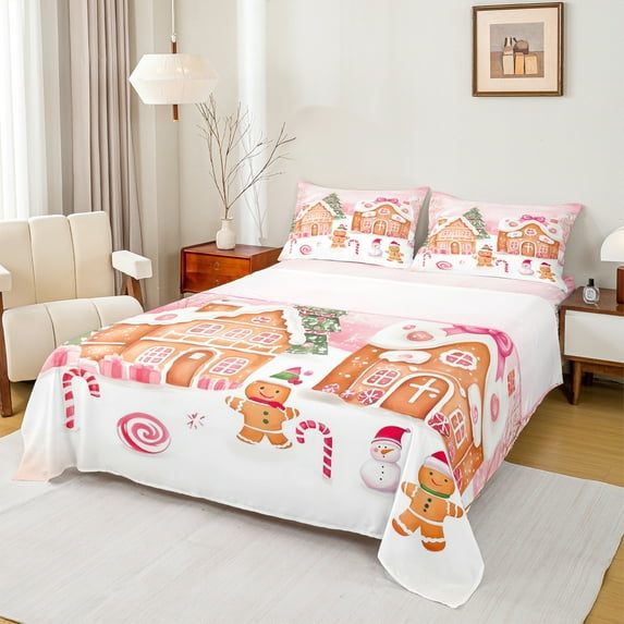 Manfei Cute Gingerbread Man Twin Sheet Sets,Merry Christmas Twin Fitted Sheet,Xmas Candy Cane Flat Sheet For Girls,Ultra Soft Home Decor,3 Pieces