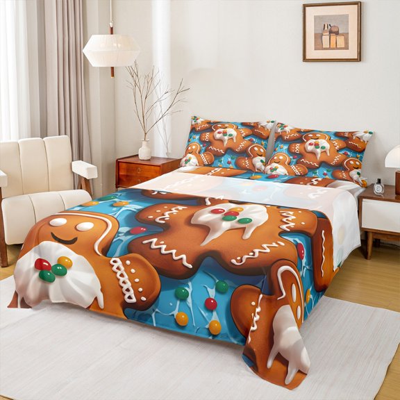 Manfei Cute Gingerbread Twin Sheet Sets 3pcs for Boys Girls, Merry Xmas Twin Fitted Sheet, Christmas Theme Flat Sheet, Super Cozy Room Decor