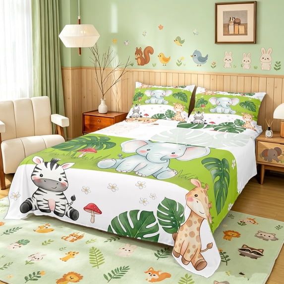 Manfei Cute Giraffe Elephant Queen Sheets, Dreamy Cartoon Animal Queen Sheet Sets, White Green, 4pcs, 1 Flat Sheet, 1 Fitted Sheet and 2 Pillowcases