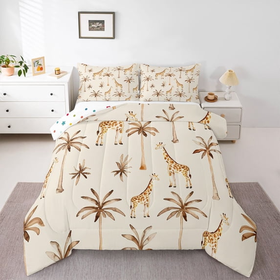 Manfei Cute Giraffe Full Size Comforter Sets,Pretty Trees Bedding Comforter Set,Beige,Polkadot Reversible,3 Pieces,1 Comforter and 2 Pillowcases