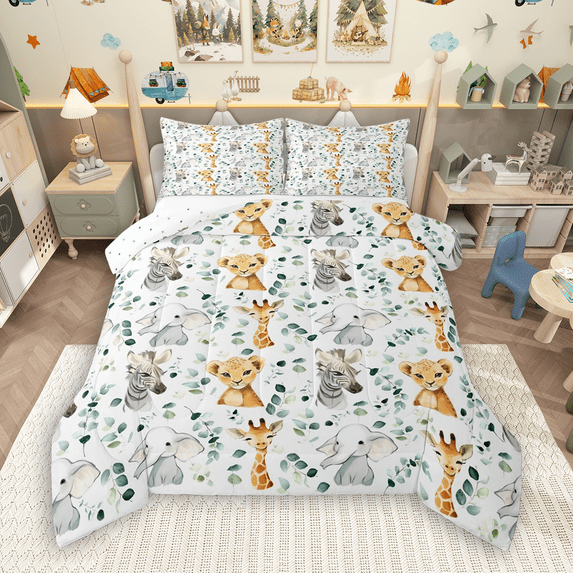 Manfei Cute Giraffe Lion Bedding Comforter Set 2pcs, Kawaii Zebra Elephant Twin Comforter Sets, Watercolor Eucalyptus Leaves Bedding Set, Luxury Bedroom Decor
