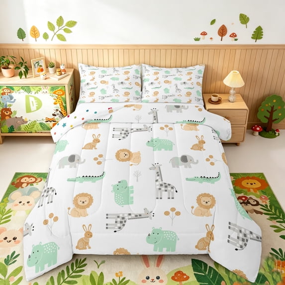 Manfei Cute Giraffe Lion King Size Comforter Sets, Kawaii Cartoon Wildlife Comforters King Size, White, Polkadot Reversible, 3 Pieces, 1 Comforter and 2 Pillowcases